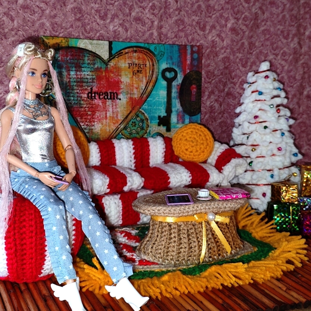 Hand Crochet Peppermint Christmas Barbie Living Room Play Set
